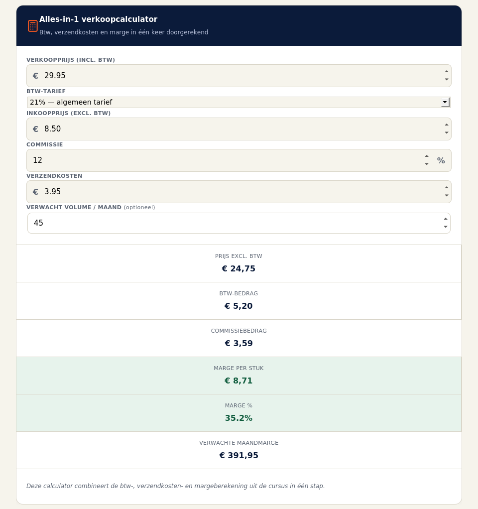 Screenshot van de Alles-in-1 verkoopcalculator, met invoervelden voor verkoopprijs, btw-tarief, inkoopprijs, commissie en verzendkosten, en de uitgerekende marge