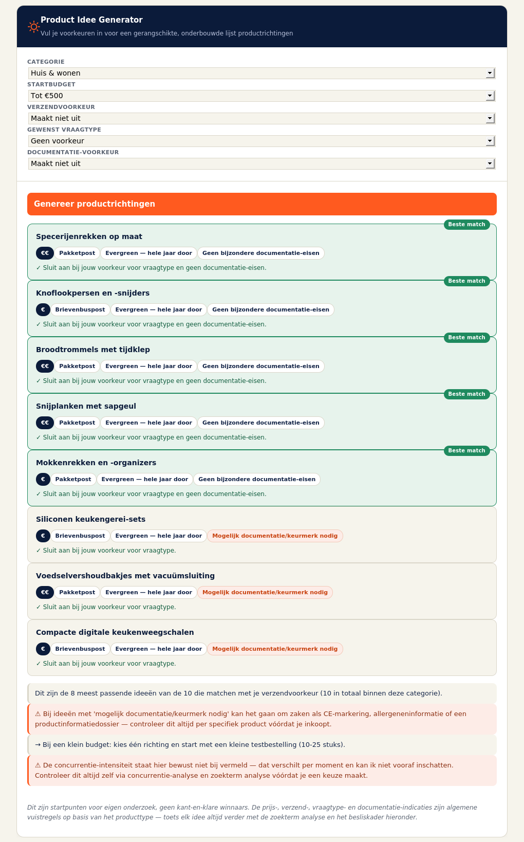 Screenshot van de Product Idee Generator, met categorie, budget en verzendvoorkeur en gegenereerde productrichtingen
